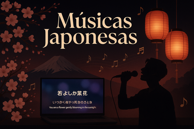 Crie uma imagem promocional em estilo moderno e elegante com o texto em destaque: "Músicas Japonesas". Mostre elementos que remetam à cultura japonesa, como sakuras (flores de cerejeira), monte Fuji ao fundo, lanternas japonesas, e um cenário noturno com luzes suaves. Adicione um notebook ou TV exibindo uma tela de karaokê com letras em japonês e uma pessoa cantando com microfone. Use tons vermelhos, rosa, preto e dourado. Inclua notas musicais flutuando no ar 🎶. Estilo visual harmônico e artístico. 