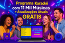 Crie uma imagem promocional em estilo moderno e vibrante com o texto em destaque: Programa Karaokê com 11 Mil Músicas + Atualizações Atuais GRÁTIS. Mostre um notebook ou TV com a tela exibindo um programa de karaokê, pessoas sorrindo e cantando com microfones, e luzes de festa ao fundo (estilo LED/neon). Use cores alegres como roxo, azul, rosa e amarelo. Adicione elementos gráficos como notas musicais 🎶, caixas de som e faixas de áudio. O visual deve transmitir diversão, qualidade e variedade musical.