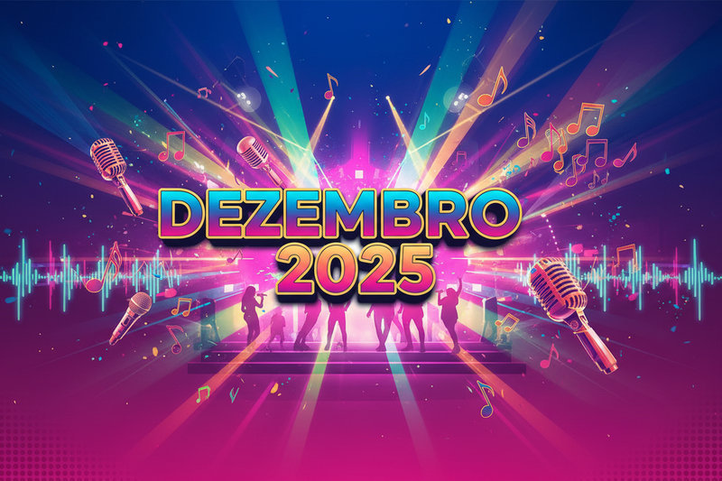 DEZEMBRO 2025 fundo colorido remetendo a karaoke