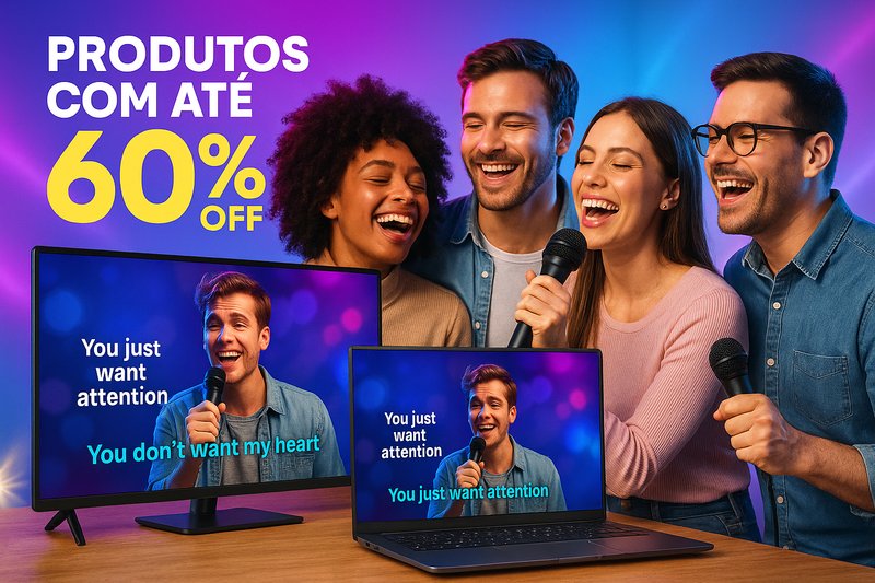 Imagem promocional em alta resolução para site, estilo moderno e vibrante, fundo iluminado com cores alegres (roxo, azul e rosa), um notebook e uma TV exibindo o programa de karaokê na tela, pessoas sorrindo e cantando com microfones em mãos, sensação de festa e diversão em casa, efeitos de luz e brilho, texto grande e chamativo “Produtos com até 60% OFF”, visual limpo e profissional, foco em transmitir alegria e interatividade. Tudo em português